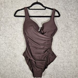 Miracle Suit Brown Ruched Slimming One Piece Swimsuit Beach Vacation Sz 10 READ
